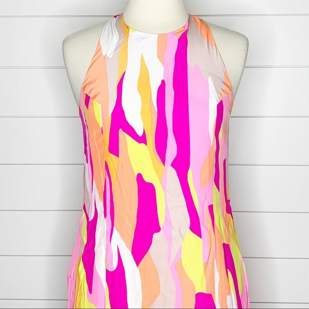 Britt Ryan Abstract Printed Silk Racerback Mini Dress Pink Yellow Small - Picture 2 of 10